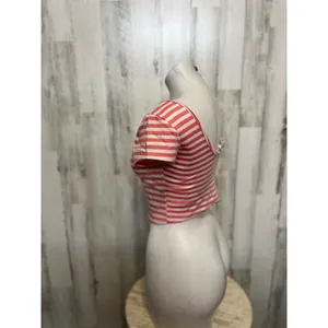 Crop Top Womens Medium Coral Pink White Striped Scoop Neck Short Sleeve thumbnail 2
