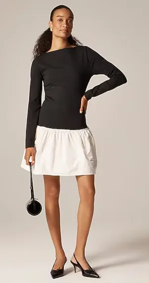 NWT J. CREW Bubble-hem Colorblock Mixy Dress Black White Boat Neck Mini Size M thumbnail 1