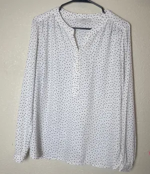 LOFT Beige Blouse with Black Dots thumbnail 1