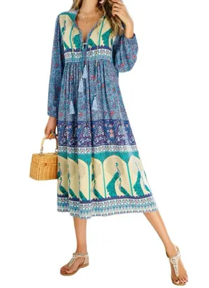 R. Vivimos Size XL 16 18 Blue Floral Print Long Sleeve V Neck Tassel Midi Dress thumbnail 1