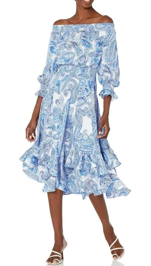 Tahari New Smocked Dress Asymmetrical Ruffle Hem Blue Paisley NWT Women Size 16 thumbnail 1
