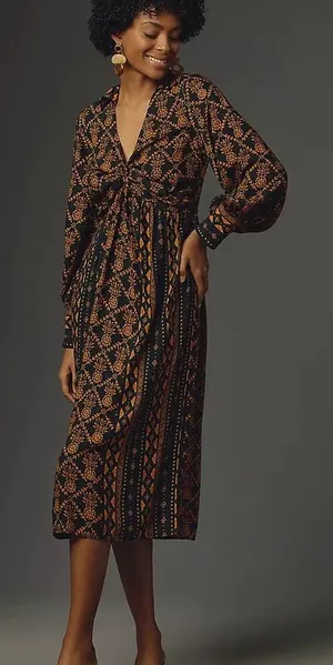 Farm Rio Long-Sleeve‎ V-Neck Printed Tie Front Midi Dress Womens Size XXS thumbnail 1