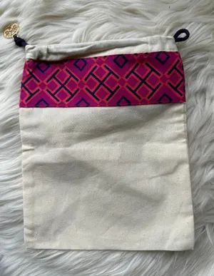 Tory Burch Drawstring Canvas Pouch with Pink and Purple Geometric Trim thumbnail 1