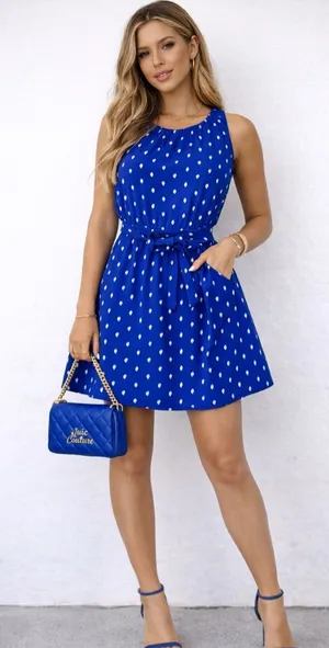 Juicy Couture Blue Polka Dot Fit & Flare Dress XS Belted Waist Y2K Feminine Midi thumbnail 1