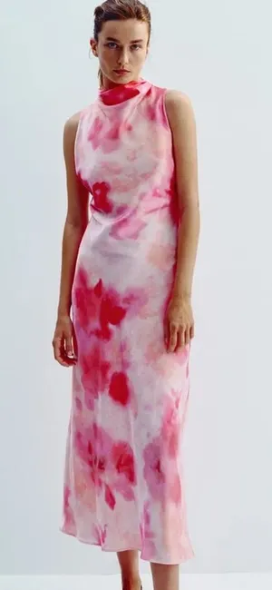 ZARA Tie-Dye Satin Cowl Neck Sleeveless Midi Dress – Size Large thumbnail 1