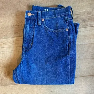 J.Crew Full Length Demi Boot Medium Wash Jean Size 27 or 4 raw hem thumbnail 1