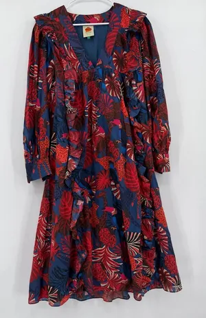 Farm Rio Animal Tapestry Midi Dress S Cotton Floral Puff Sleeve thumbnail 1