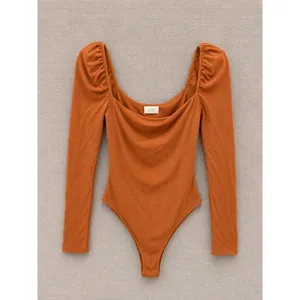 Wilfred Women Bodysuit L Copper Brown Cowl Neck Puffed Shoulder Ribbed 73611 thumbnail 2