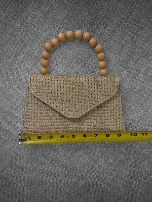 Metallic Gold Woven Envelope Handbag With Wooden Bead Handle And Chain Strap thumbnail 4