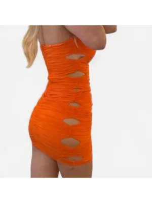 THATSSOFETCH Orange Ruched Cutout Mini Dress | Vacation Party Club Dress | US 2 thumbnail 2