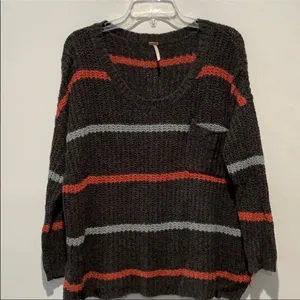 Free People Oversized Sweater with Stripes Size Small Gray with Blue Str… thumbnail 2