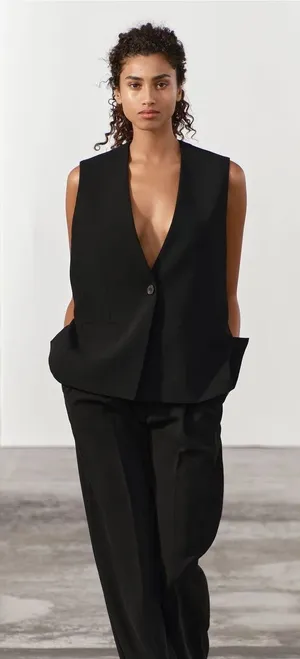 Zara Collection Black Oversized Waistcoat Vest with Vents M thumbnail 1