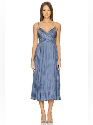 ASTR Capitola Pleated Blue Satin Midi Dress Large Wedding Guest Romantic Party thumbnail 3