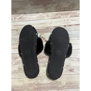 Victoria's Secret Satin Slippers House Shoes Hearts Fuzzy Black Size Large thumbnail 5