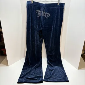 Juicy Couture OG Big Bling Velour Track Pants Navy Rhinestone JUICY Y2K Size L thumbnail 4