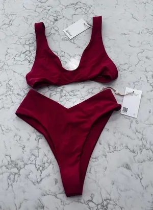 NWT Quince Cherry Red Italian Plunge Bikini Too & V Cut High Leg Bottom Set XS thumbnail 1