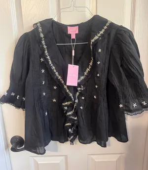 Muse Republic Clothing Black Embroidered Ruffle Blouse Size L NWT thumbnail 1