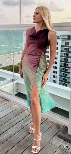 Zara dress midi satin tie dye fitted bodycon casual evening wedding cowl neck thumbnail 7