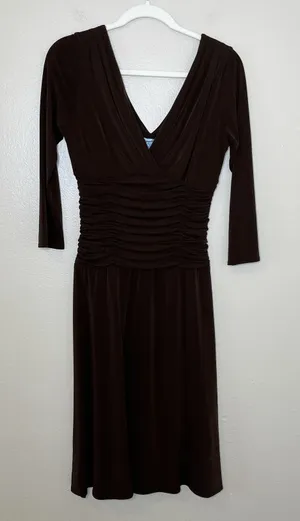Women's‎ Y2K Vtg Dress Espresso Chocolate Brown Ruched V Neck Twee Babydoll Sz 6 thumbnail 1