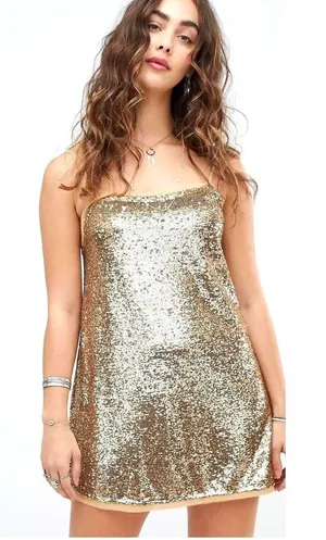 Free People Time To‎ Shine Mini Homecoming Dress Womens S Gold Sequin Party Y2K thumbnail 1
