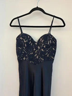 Here Comes the Sun Lace Bodice Satin Maxi Dress Gown in Navy Blue Size S NWT thumbnail 5