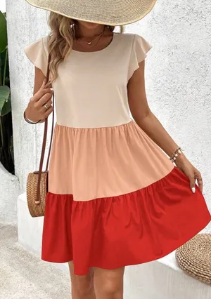 SHEIN Cream, Peach & Red Colorblock Tiered Flutter Sleeve Mini Dress thumbnail 1