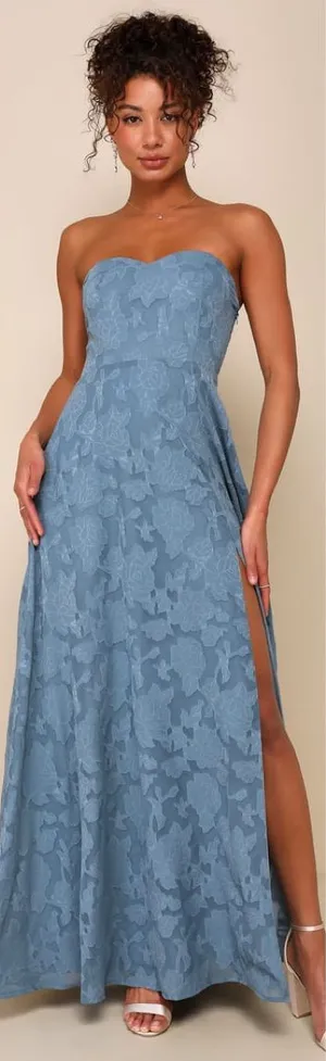 Lulus Garden of Romance Dusty Blue Floral Burnout Strapless Maxi Dress Medium thumbnail 1