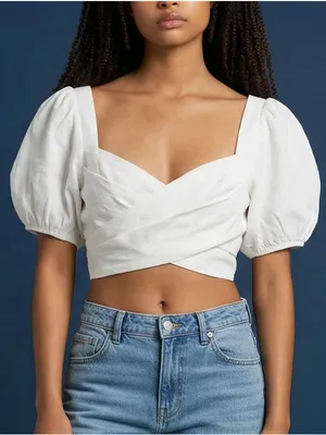 Hello Molly White Linen Cotton Puff Sleeves Criss Cross Smocked Crop Top S thumbnail 1