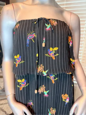 O'Neill Medium Strapless Tropical Bird Print Dress Black Pinstripe Boho Summer thumbnail 3