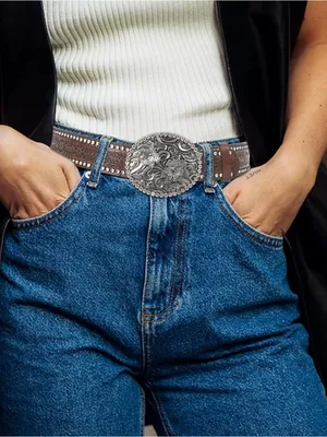 Western Tooled Large Buckle Belt with Rhinestones Brown thumbnail 3