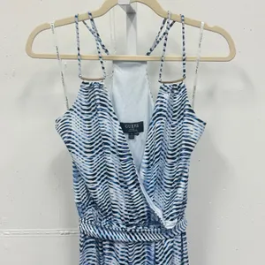 Guess Blue White Wavy Abstract Print Halter‎ Maxi Dress XS Wrap Front Tie Waist thumbnail 3