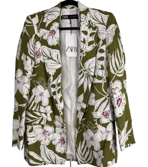 Zara Women Olive Green Floral Linen Blend Blazer Jacket XS NWT‎ Officecore Fun thumbnail 1