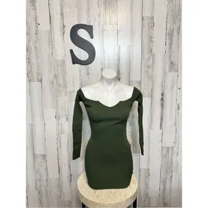 AKIRA Green Ribbed Off Shoulder Long Sleeve Bodycon Mini Dress Size S thumbnail 2