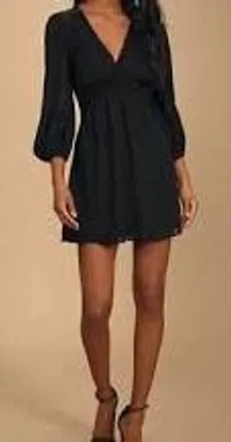 Lulus Womens Mini Dress M Black Jacquard Stripe Ruffle V-Neck Balloon Sleeve thumbnail 1