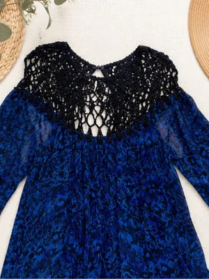 Free People Faded Daisy Frock Dress Tunic XS Blue Black Boho Bell Sleeve thumbnail 7