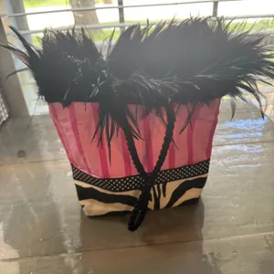 Vintage Blue Devil Pink Striped Martini Zebra Trim Faux Fur Tote Purse thumbnail 8