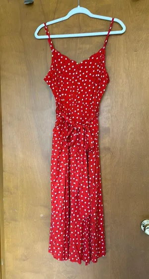 Hawthorne Dress Red Black Cream Polka Dot Stretch Back M thumbnail 1