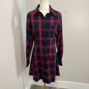 Lulus Red Navy Blue Plaid Cutout Back Mini Shirt‎ Dress NWT Medium thumbnail 3