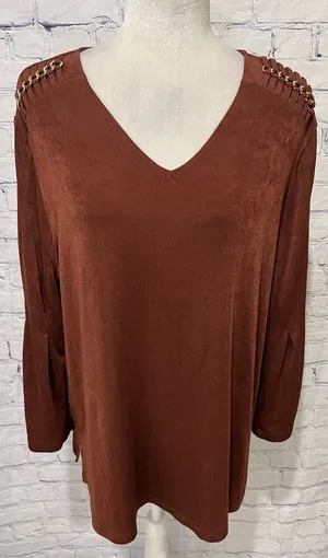 Chico's Travelers Brown Top Womens Gold Hardware Shoulder Tunic Chicos 3/XL/16 thumbnail 1