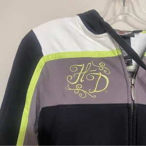 Harley‎ Davidson Woman's Full Zip Hooded Sweater Size XS Black Neon Green White thumbnail 2