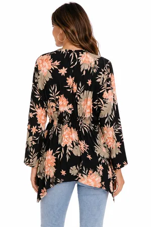 Billabong Black Floral Boho Kimono Top Peplum Waist Tie Women’s M/L thumbnail 2