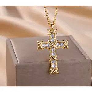 NEW Unisex 18k Gold Filled Plated Simulated‎ Diamond Cross Necklace, 16-18” thumbnail 9