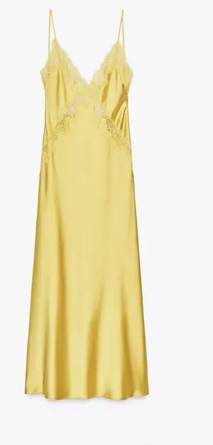 Zara Lace-Trim Slip Satin Maxi Dress in Mustard Chartreuse Yellow thumbnail 1