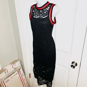 BAKU Fitted Black Lace Midi Dress Red Stripe Trim S thumbnail 5