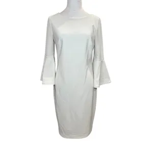 Calvin Klein White Bell Sleeve Gold Zipper Evening Sheath Dress 8‎ Cocktail thumbnail 3