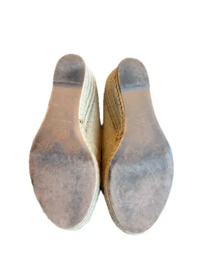 Tory Burch Tan Canvas Peep Toe Espadrille Wedges Platform Stretch Size 9 Women's thumbnail 12