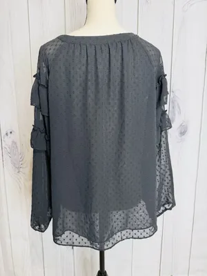 LOFT Black Ruffle Blouse Sz M Semi Sheer Long Sleeve Textured Polka Dots thumbnail 5