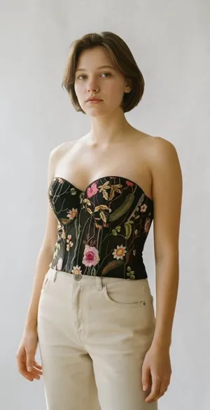 Floral Embroidered Bustier Size S Black/ Pink Green Back Hooks Padded Cups SEXY thumbnail 1