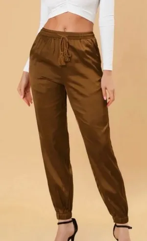 Allegra K Coffee Brown Drawstring Elastic Waist Tassel Satin Jogger Pants Sz XS thumbnail 1