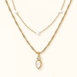 Target 14k Gold Dipped Layered Necklace Mother of Pearl Cubic Zirconia 17-20in thumbnail 1